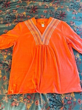 Ruby Rd. Bright Orange Embroidered V-Neck Tunic
